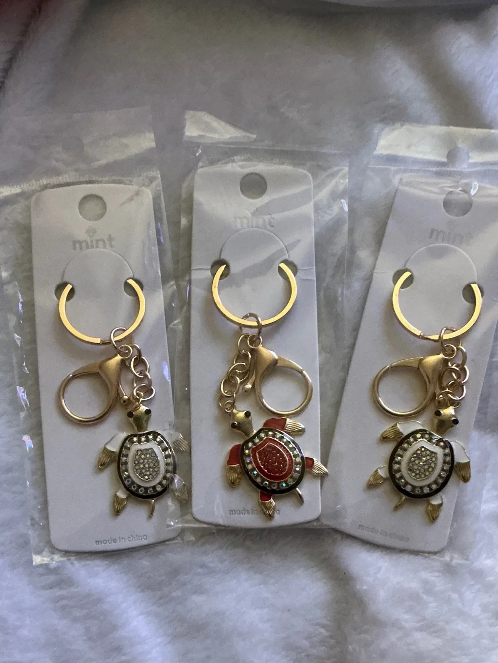 Mint Gold-Tone 3 Piece Bundle Turtle Keychains Charm with Red and White Enamel